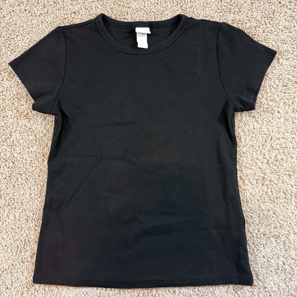 H&M Basics Ribbed T Shirt Womens Large‎ Black Stretch Crew Neck Short Sleeve